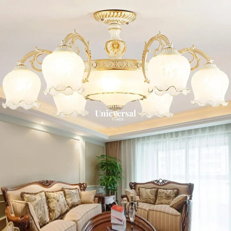 

NUEuropean Style Retro Chandelier Luxurious Atmospheric Living Room LED Frosted Glass Chandelier Creative Home Lighting Fixtures
