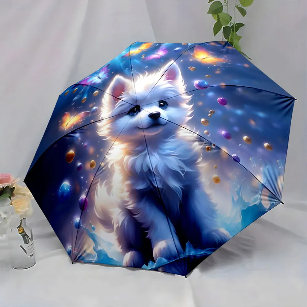 1PC Whimsical umbrella with a puppy surrounded by colorful butterflies 8 Iron Ribs Folding Umbrella Auto-Open Fashion Sunshade