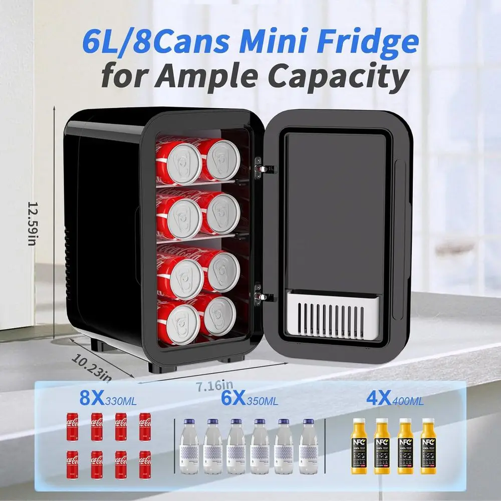 6 Liter 110V AC/DC Portable Thermoelectric Cooler Refrigerators for Bedroom, Skincare, Beverage, Office, Dorm Room and Car