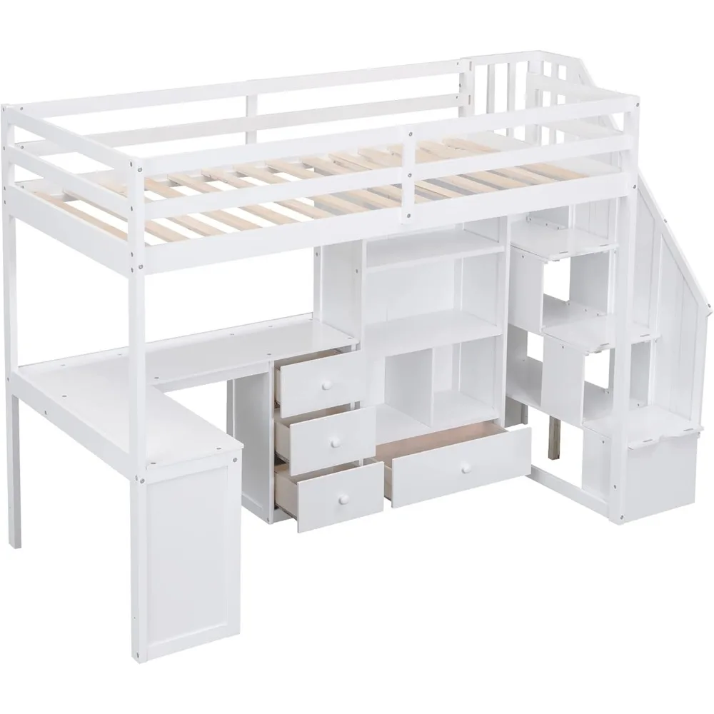 Twin Loft Bed, Stairs and L-Shaped Desk, Solid Wood Loft Bed Frame with Bookcase and Storage Drawers, Loft Bed Children Beds