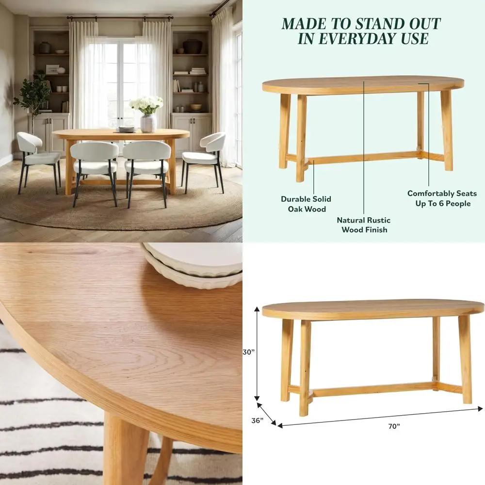 Rustic Solid Oak Oval Dining Table Seats 6 - Modern Farmhouse Style White Oak Finish, Long-lasting Quality