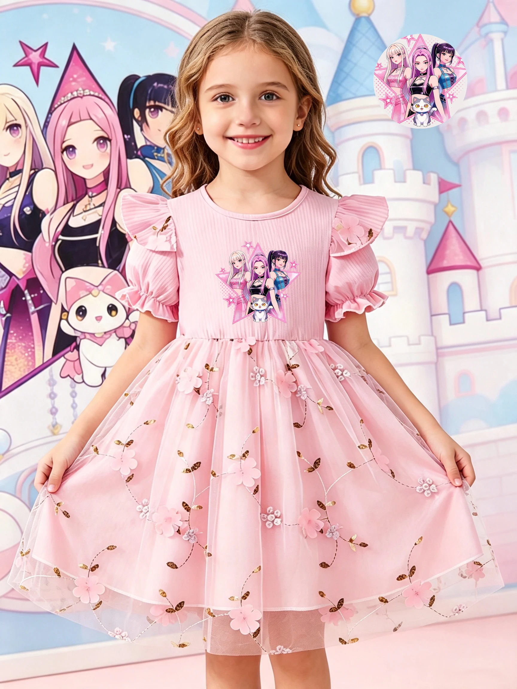 Girls' Cartoon Princess Tulle Dress, Summer & Autumn Flutter Sleeve 3D Floral Puffy Dress for Girls