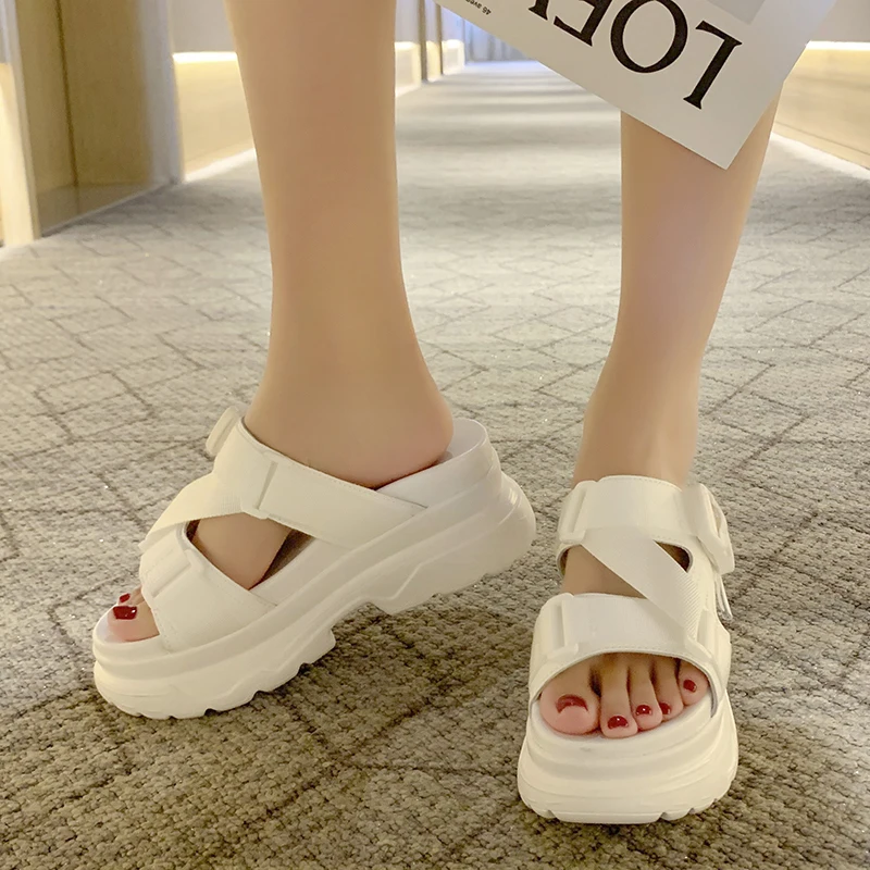 LazySeal Buckle Wedge Heels Women Slippers Solid Color Platform Sandals Women 2023 New Shoes New Modern Ladies Shoes zapatos 43