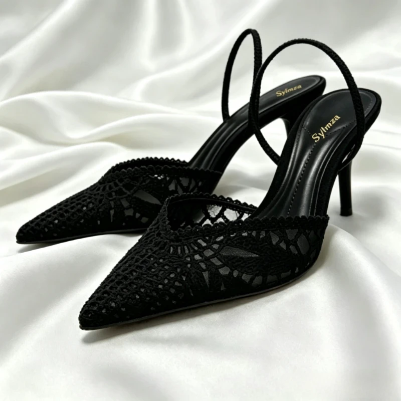 Novely Hollow Woven Design Heels for Ladies Sexy Pointed Toe Slingback Summer High-heeled Sandals Elegant Designer Dress Shoes