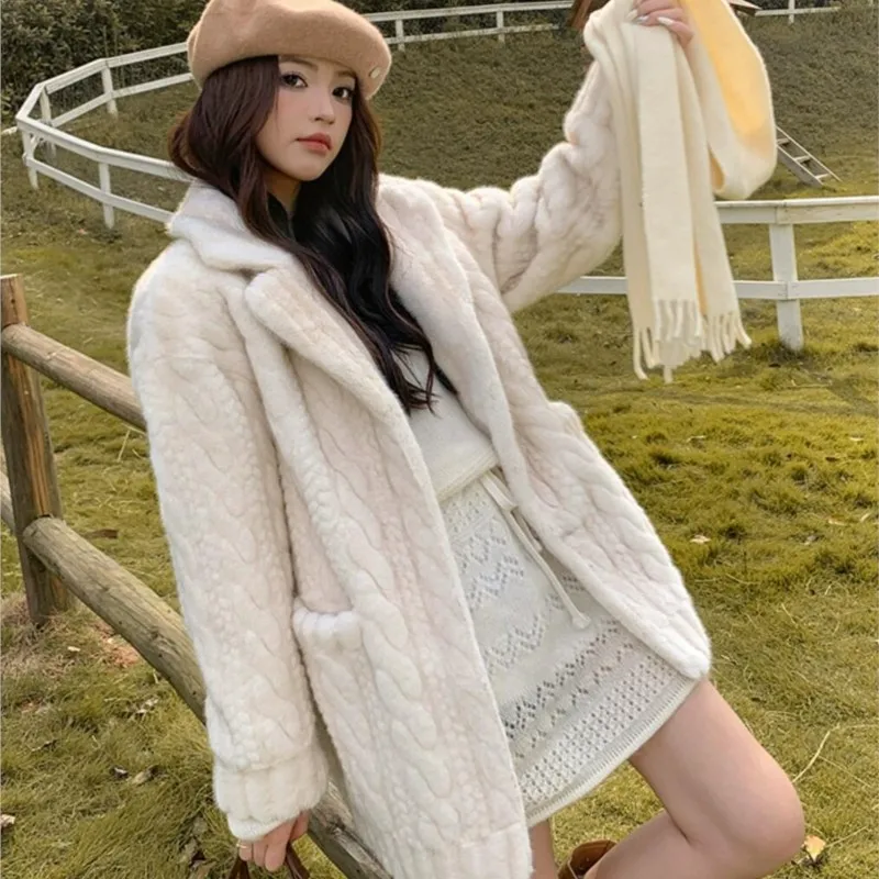 Winter Creamy-white Embossing Twist Pattern Faux Mink Fur Coat CHIC Women Full Sleeve Loose Warm Midi Long Jacket Outercoat