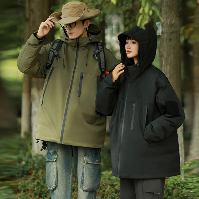 

New Solid Color Hooded Windbreaker Men's Fashion Casual Parka Windproof Thickened Warm Down Jacket Loose Retro Rushing Coat