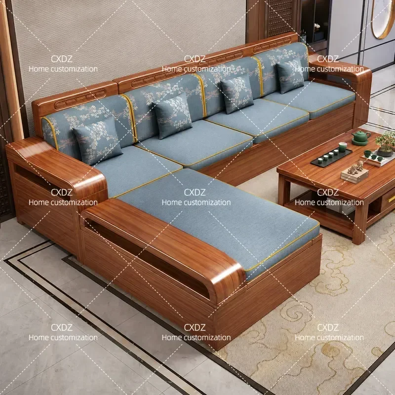 Walnut Solid Wood Sofa Set Chinese Style Corner Living Room Furniture with Storage All Wood Couch for Winter and Summer Use
