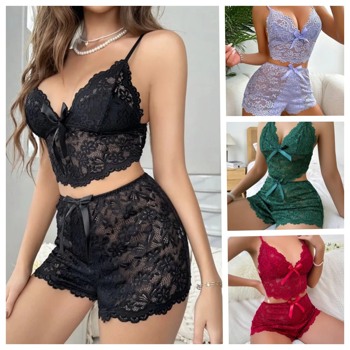 2 Pcs Set New Lace Nightgown Women Exquisite Homewear Nighttime Pajamas Transparent Split Nightdress V-Neck Bra Panty Sets