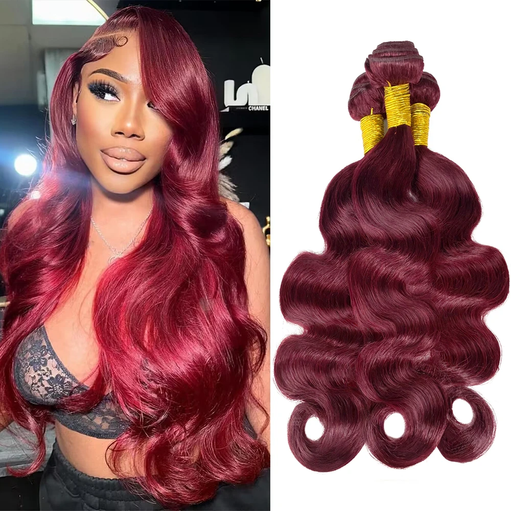 Burgundy 99J Body Wave Bundles 100% Human Hair Colored Brazilian Red 99J Hair Extensions Hair Weave 1/3 PCS 30 Inches Human Hair