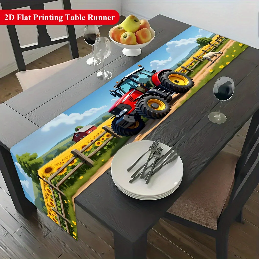 2D Flat Sunflower Tractor Farm Print Polyester Table Runner Soft Durable Easy Care Indoor Outdoor Holiday Dining Home Party Tabl