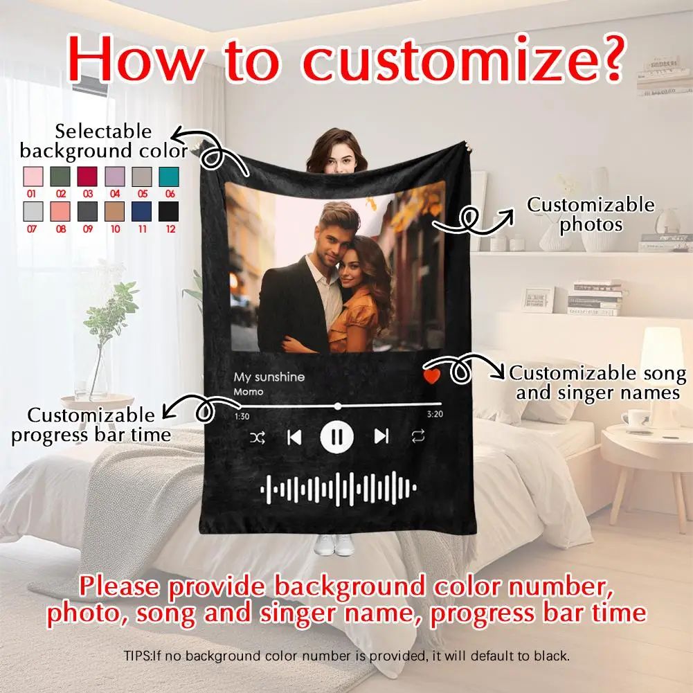 Personalized Spotify Code Music Blanket Custom Blankets with Photos Multiple Colors Available Christmas Gift for Him Her