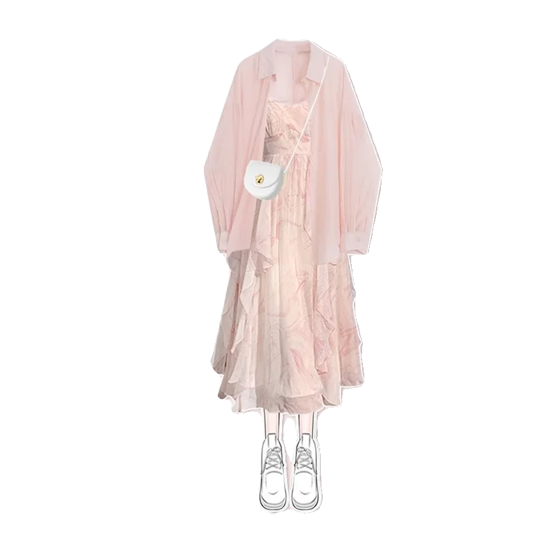 달콤한 꽃무늬 스트랩 드레스 여성용 2025년 봄 신상 패션 캐주얼 디자인 센세이션 자외선 차단 셔츠 매칭 드레스