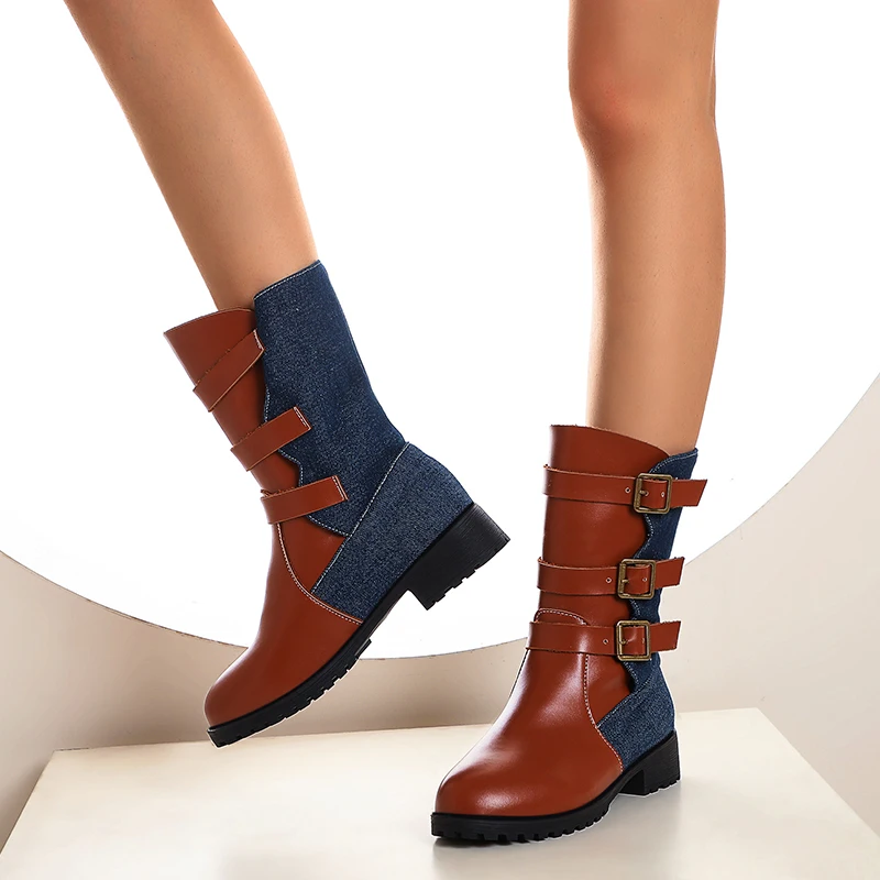 Plus Size Denim Stitching PU Three Row Metal Buckle Ankle Boots For Women Slip-On British Style Fashionable Short Boots 2023