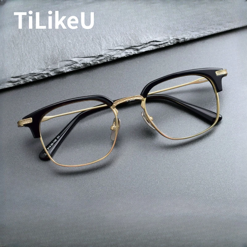 Vintage Eyebrow Rim Pure Titanium Square Eyeglasses Frame Business Men's Large Frame Myopia Hyperopia Reading Glasses Frame Male