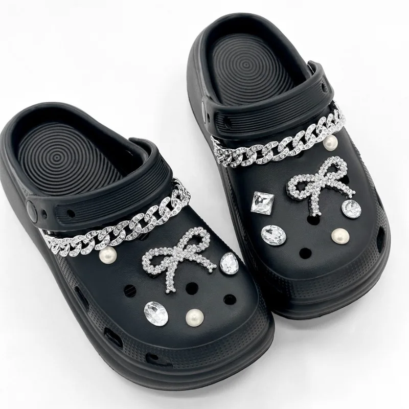 

Fashion Shoe Charms Set Accessories Hole Shoe Buckle Silver Rhinestone Bow DIY Shoes Decorations Woman Girls Gift
