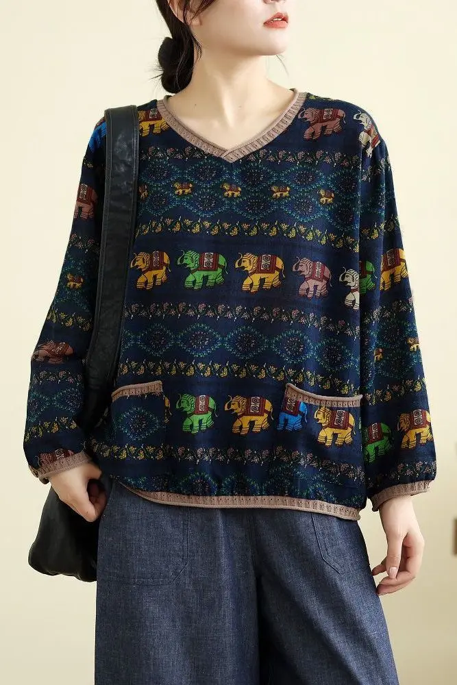

Retro Chinese Style Cotton and Linen Long-sleeved V-neck Base Shirt for Women's New Loose Slim Linen Pullover T-shirt Top