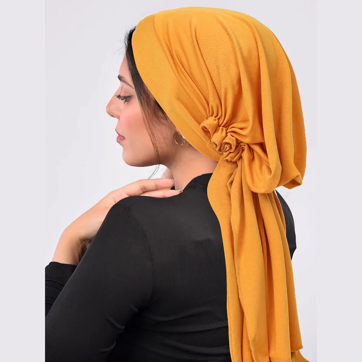 2024 nuovo colore solido musulmano Hijab Caps Wrap Head morbido elastico coda lunga turbante cofano moda donna copricapo indossabile