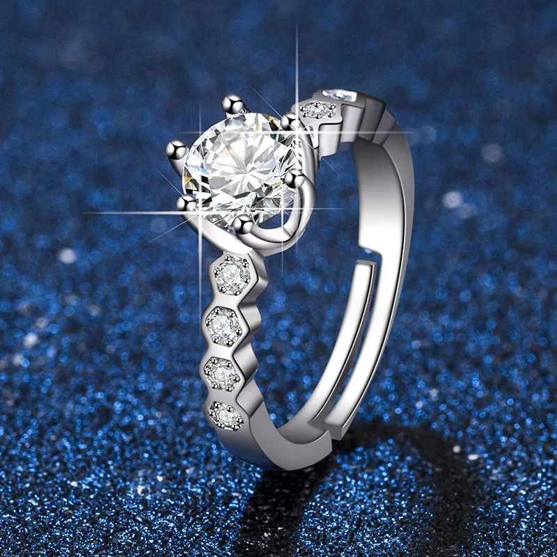 Moissanite Zircon Engagement Ring for Men/Women Classic Six-claw Couple Proposal Ring Open Adjustable Pair Ring Wedding Jewelry