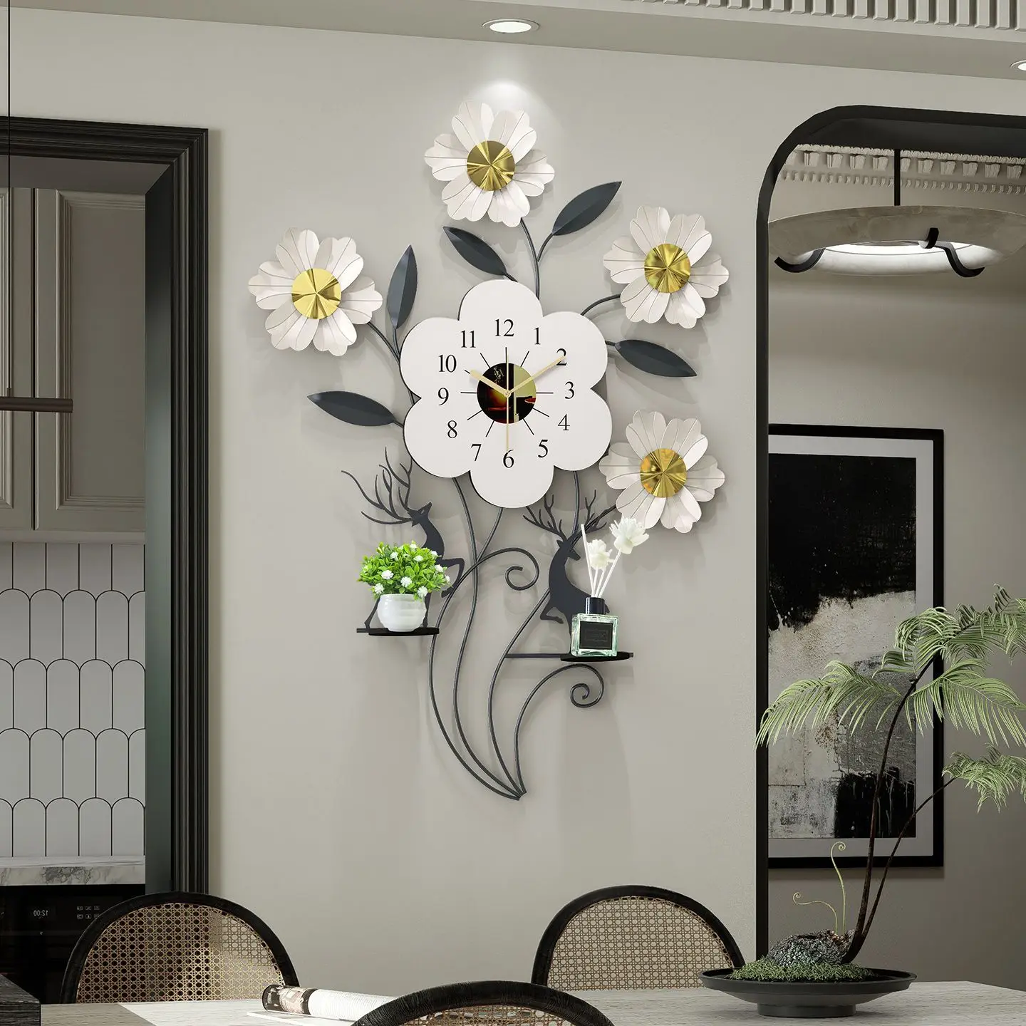 &c 90X65CM French-style Flower Creative, Hole-free Decorative, Oversized Wall-mounted Clock, Silent and Light Luxury Timepiece