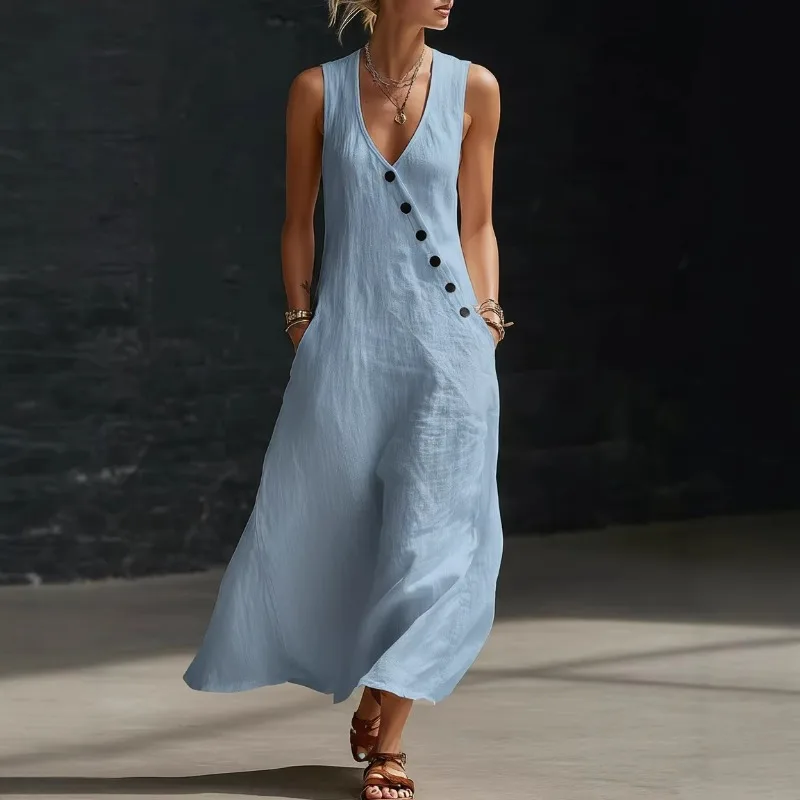 

Casual Loose Sleeveless Maxi Dress Button Decoration Women Summer 2026 Fashion Solid Color V-neck Holliday Vest Long Dresses