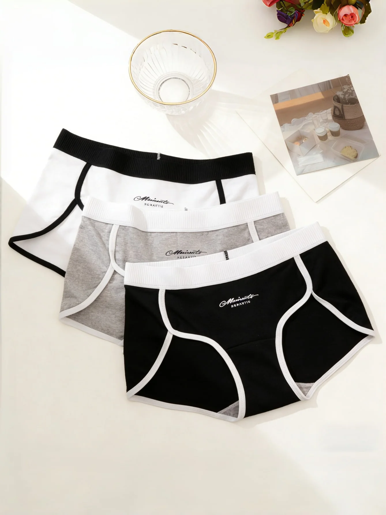 3PCS Contrast Binding Letter Print High Cut Cotton Panties With Extra Long Gusset Set