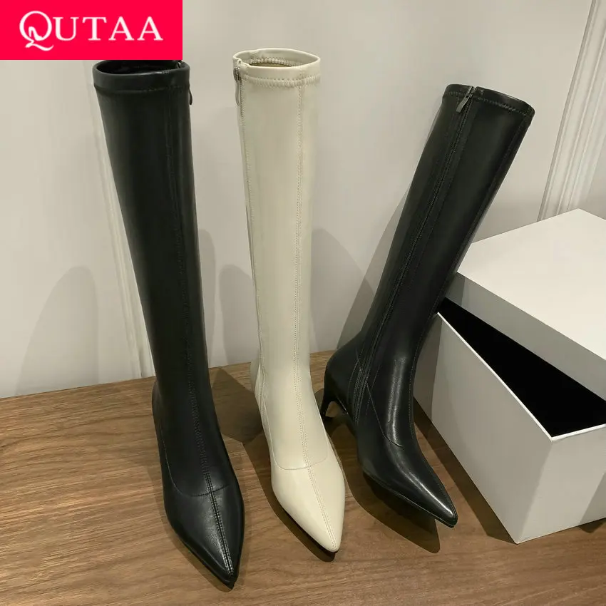 QUTAA 2024 Elegant Women Knee High Boots Genuine Leather Pointed Toe Zipper Office Lady Shoes Woman Autumn Winter Size 34-42