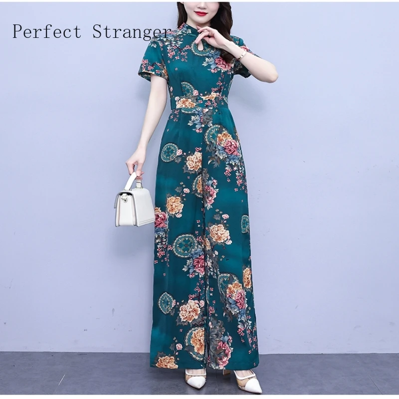 

Women Summer Chinese Style Elegant Patchwork Stand Collar Strap Casual Female Belt Wide-Leg Jumpeuits With Pockets Large Size