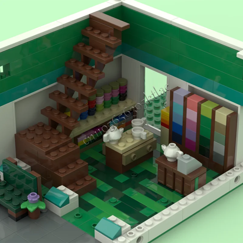 865 PCS Turquoise Tea House Building Block Retro Architecture Model Display Toys Assembly Birthday Christmas Gifts For Children