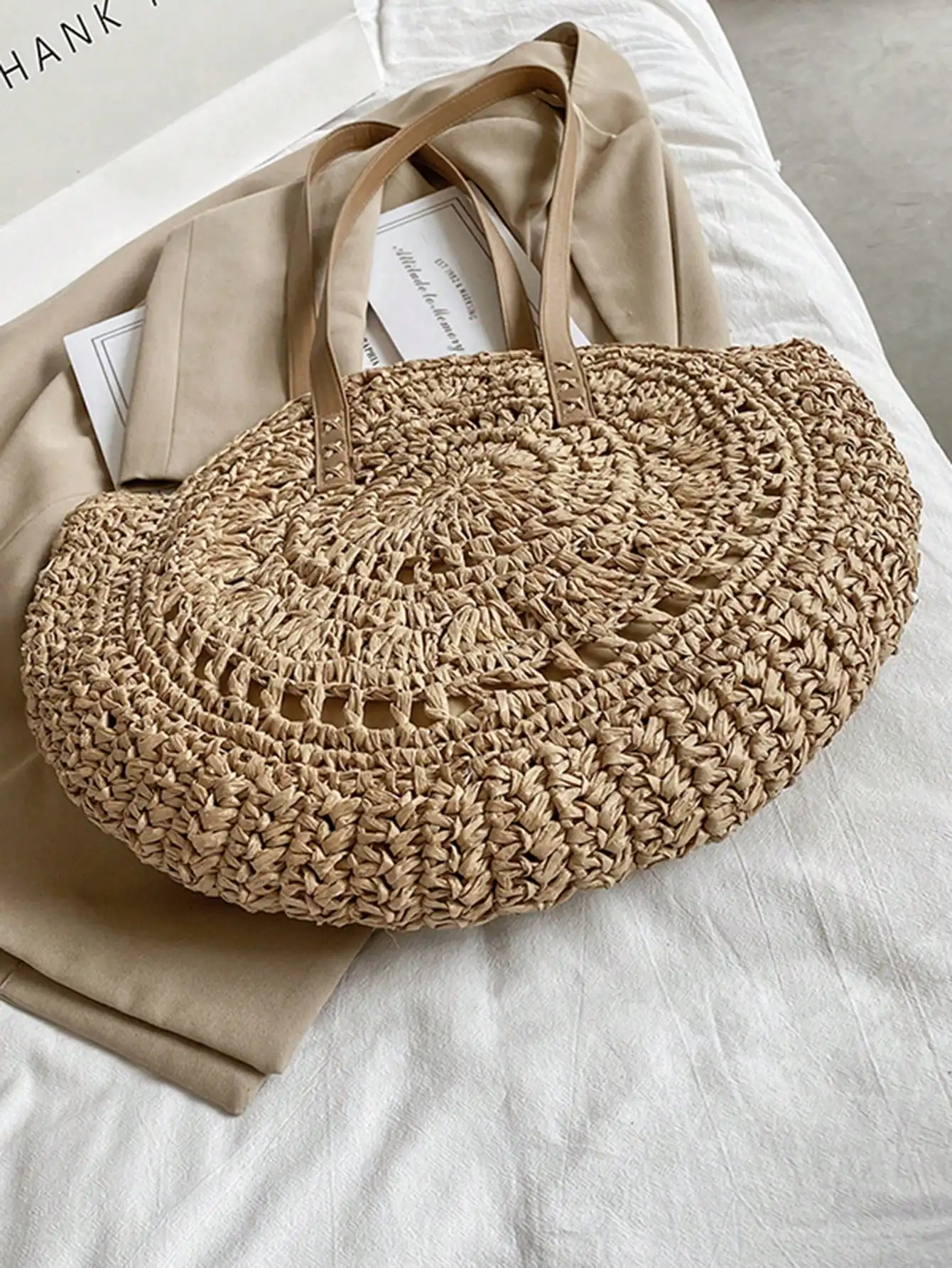 حقيبة يد نسائية دائرية منسوجة ذات سعة كبيرة - تصميم مجوف، مادة خوص، شاطئ/صيفي عصري ضروري لـ #4