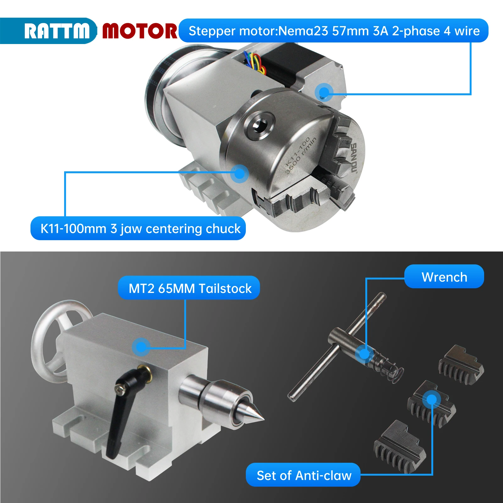 RU ship k11-100mm 3 jaw chuck 100mm 4th Axis+Tailstock CNC dividing head/Rotation Axis kit for CNC router woodworking engraving