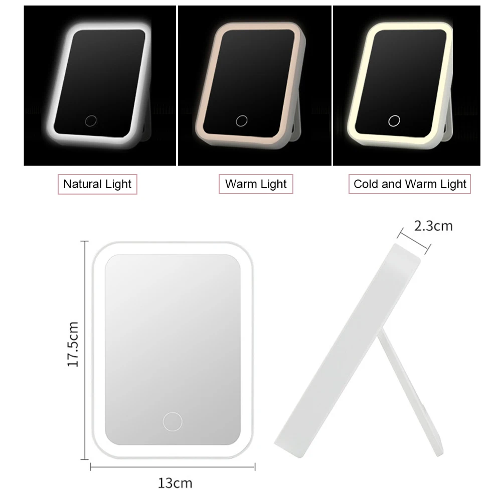 الذكية LED ضوء ماكياج مرآة ، شاشة تعمل باللمس التبديل ، ستبليس يعتم ، للطي خلع الملابس ، مستحضرات التجميل مرآة السفر ، USB الشحن ، 3 ألوان