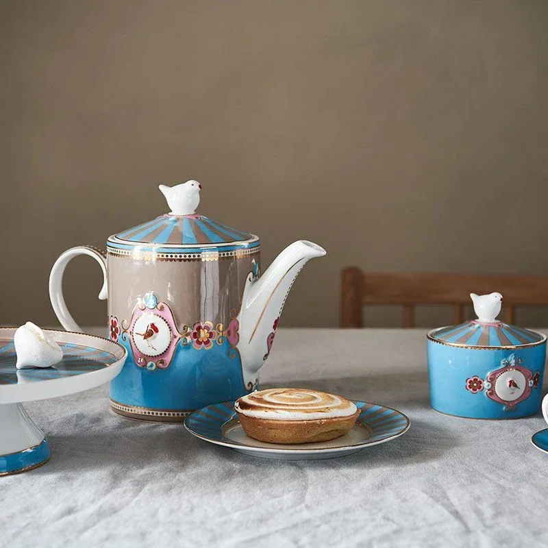 Dutch Pip Studio Aiqingniao Badge Embossed Blue Patchwork Khaki Pot/Cup and Saucer Tea Set Coffee Cup Coffee Set