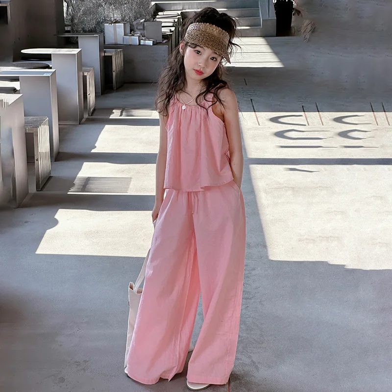 

Girls Suit 2024 Korean Summer New Foreign Style Suspenders Loose Casual Cotton And Linen Two Piece Set Loose Wide Leg Pants