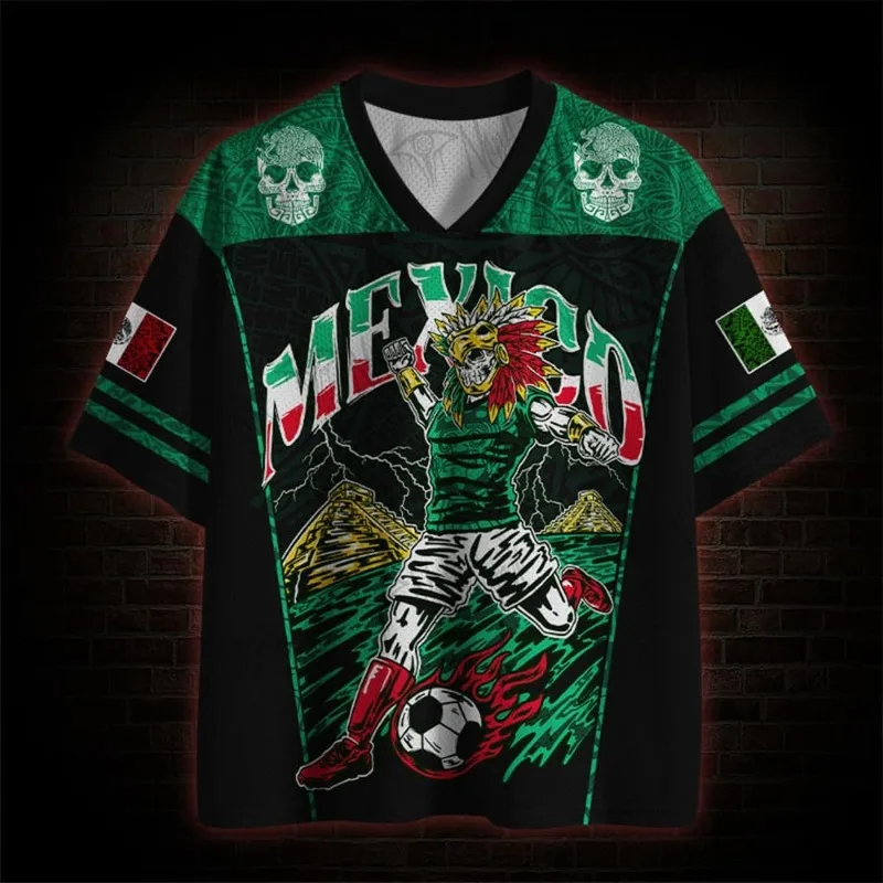 Mexico Aztec Tribal Soccer Jersey Mayan Calendar Skull Jaguar Eagle Print V Neck Tshirt Unisex Mexican Flag Casual Fan Apparel view 3