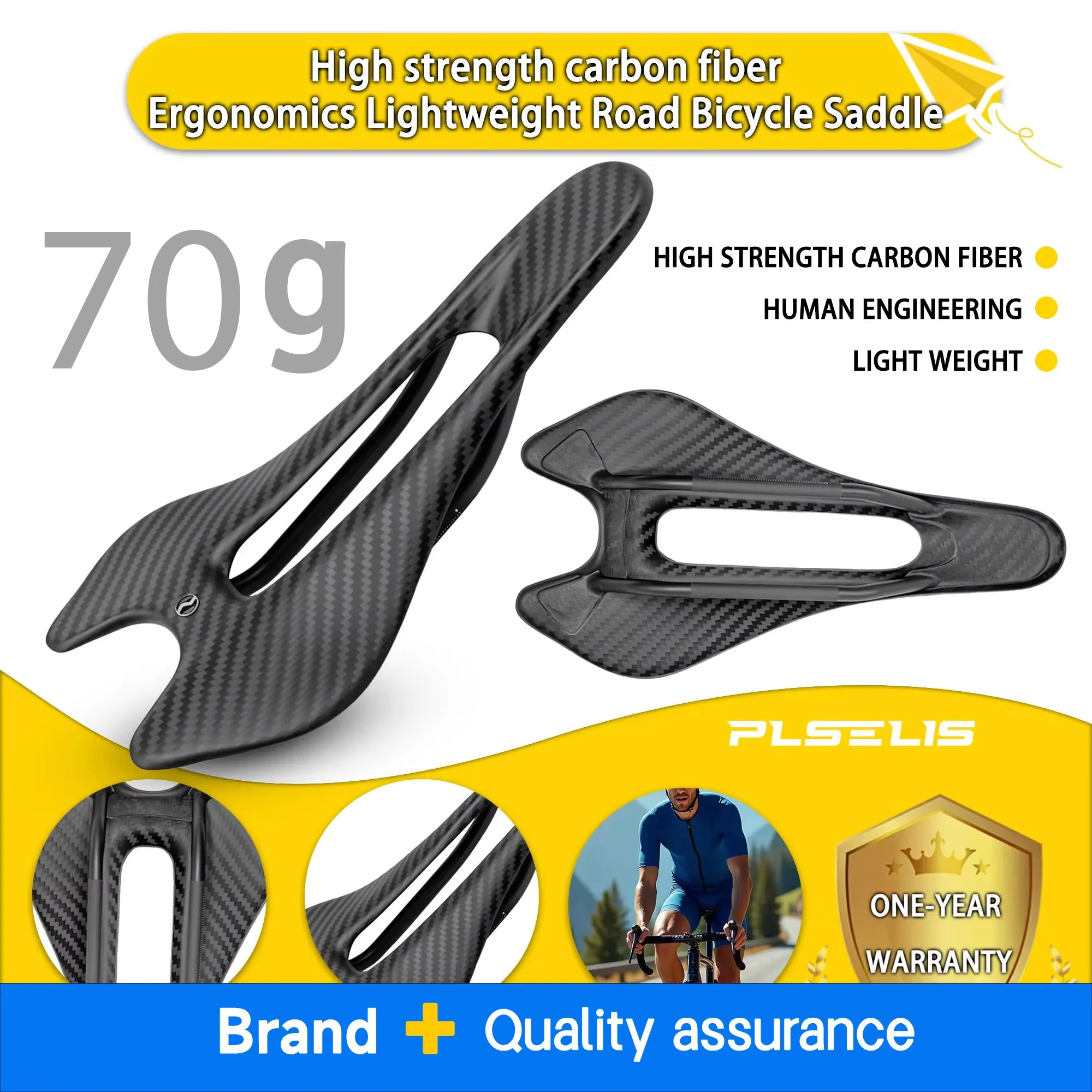 Plselis – selle de vélo de route légère en Fiber de carbone, haute résistance, 56g, creuse, respirante, ergonomique, coussin de siège