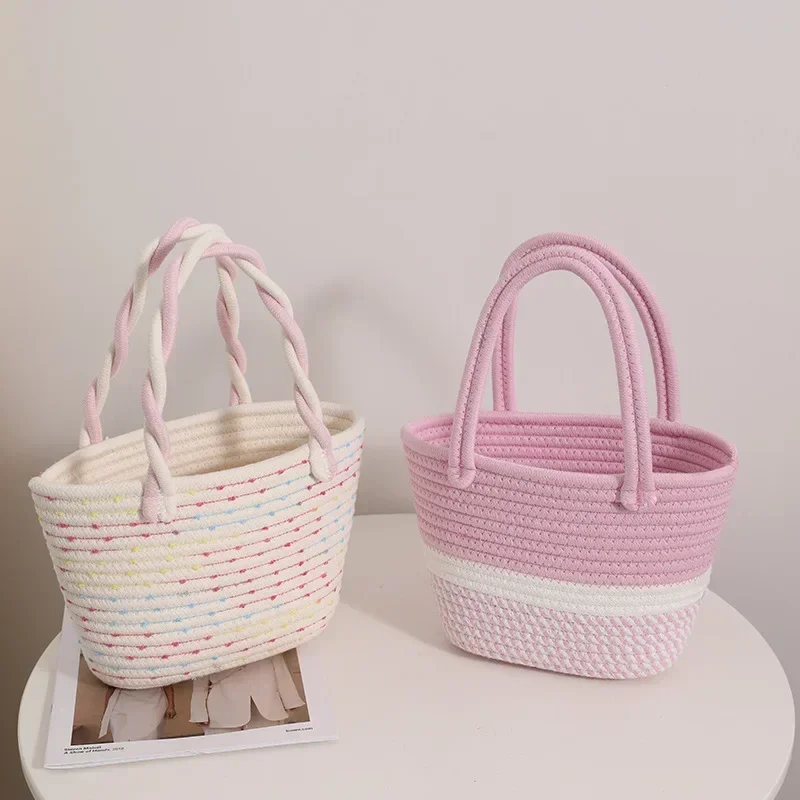 Pink Twist Hand-held Cotton Woven Bag New Small Fresh Hand-held Women's Bag To Go Out on Holiday Picnic Basket