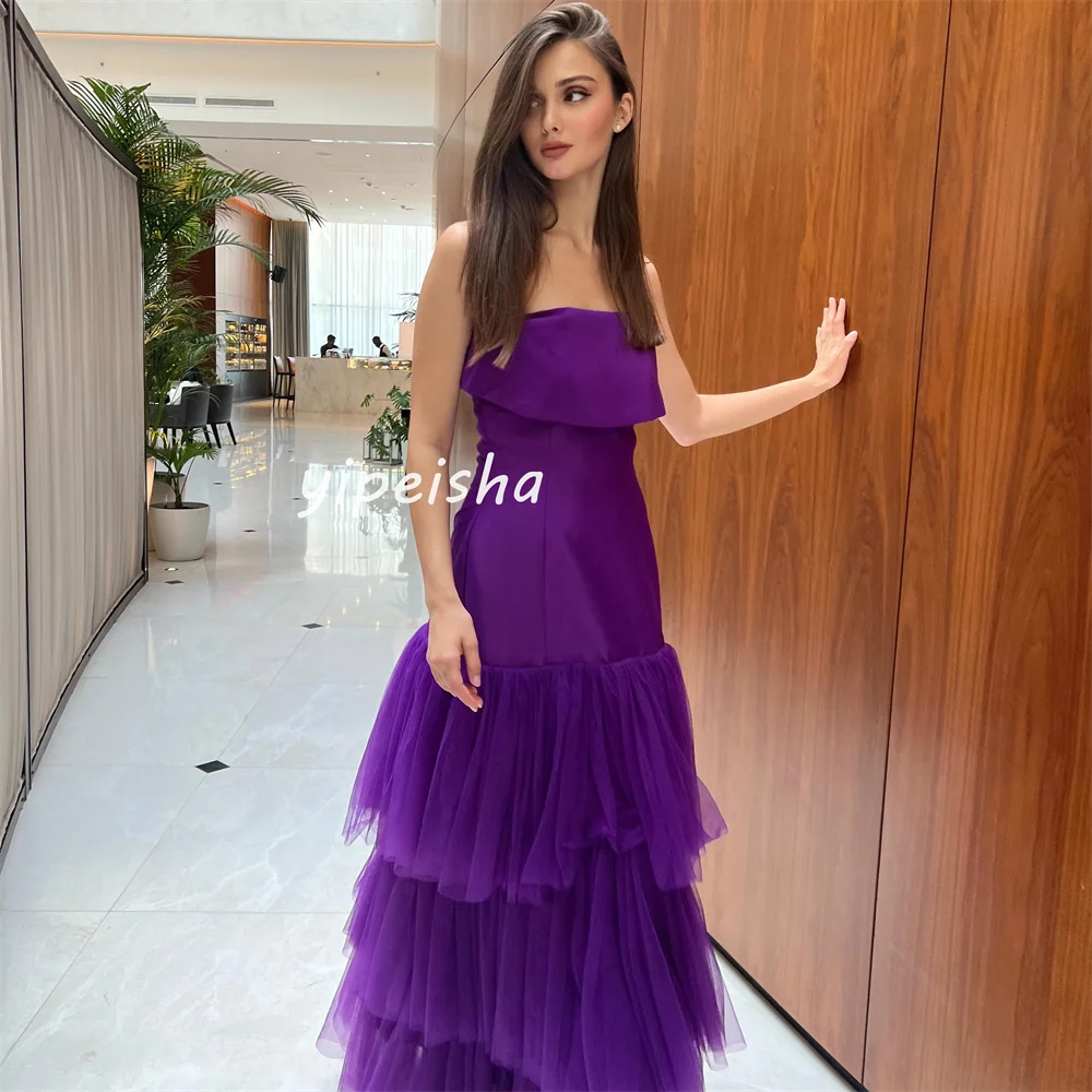 Customized Intricate Tulle Tiered A-line Strapless Midi Dresses Prom Dresses Classic Exquisite Modern Style Pastrol Unisex Chine