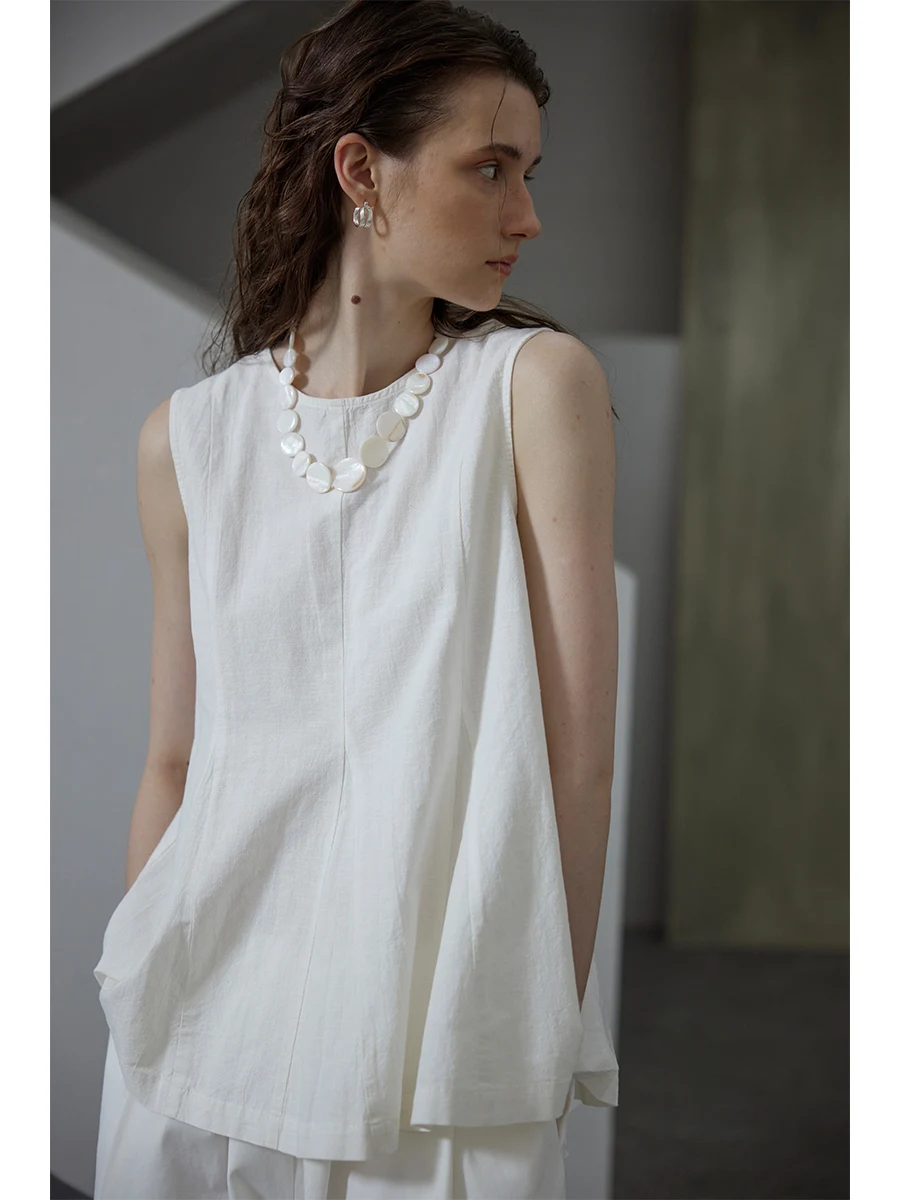 Cotton Linen irt Waist Cinched round Ne Svel Unique Top Women's Original Design Loose Fit Pure Color Summer New Arr...