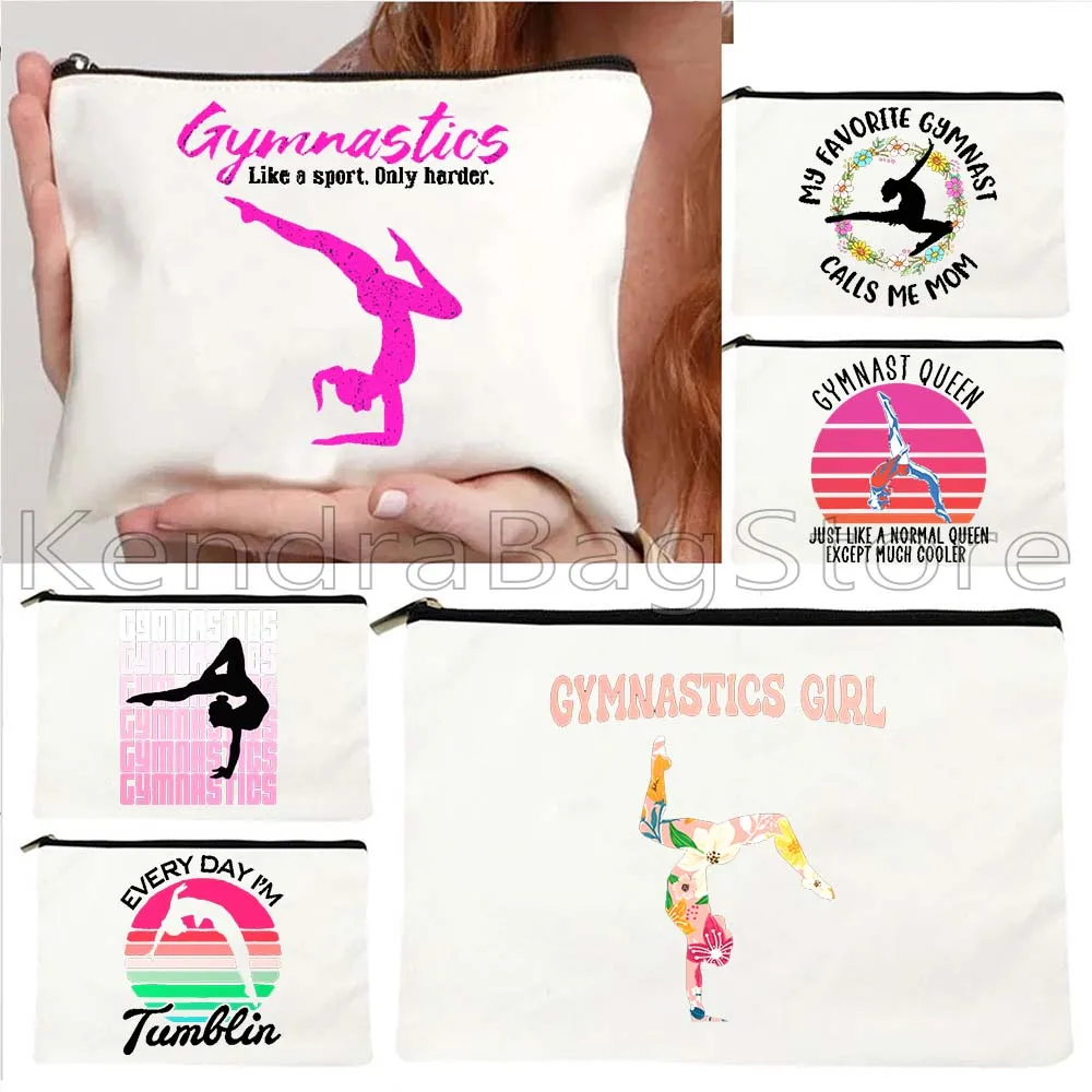 Retro Tumbling Gymnastics Girl Sport Dancer Canvas Cosmetic Makeup Toilet Bag Gymnast Gift Balance Beam Pencil Case Zipper Pouch