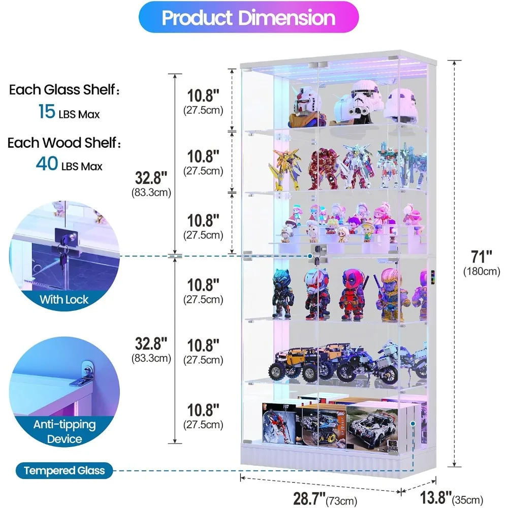 6-Tier Tall Glass Display Cabinet with RGB Lights for Collectibles