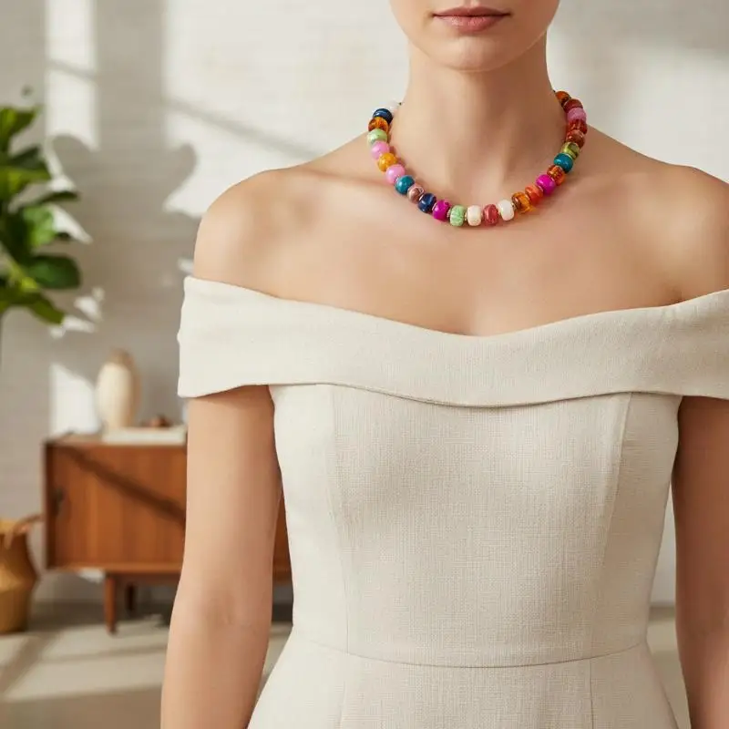 Square Resin Beaded Necklace Shiny Gold Ball Accent Vintage Aesthetic Jewelry for Retro Party Daily Casual Wear Women