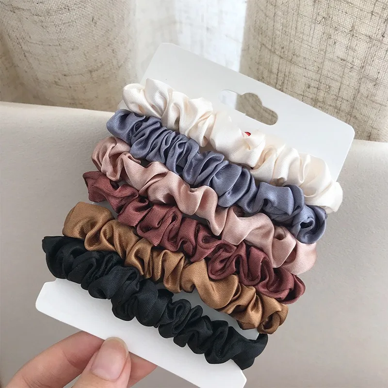 6Pcs/Set Women Silky Satin Skinny Elastic Hair Band Solid Color Satin Scrunchies Small Hair Rope Simple Head Band Hair Tie