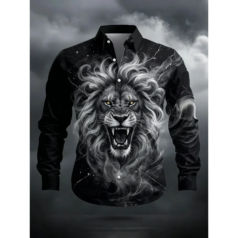 Men's Black White Roaring Lion Print Long Sleeve Shirt Turn‑Down Collar Tops For Club Party Night Casual Street Outfit