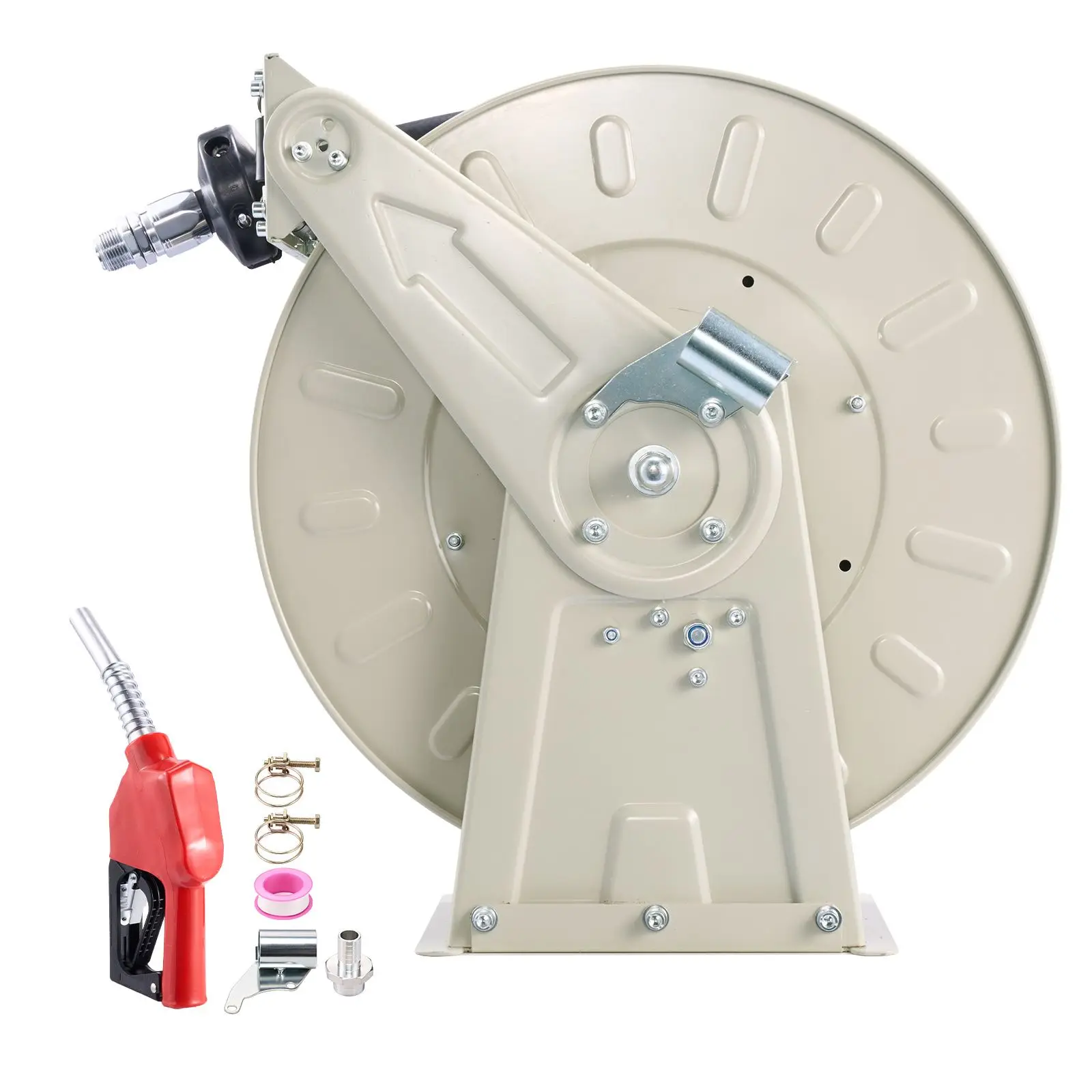 Fuel Hose Reel, 3/4 inch x 66 ft Retractable, Spring Driven Auto Swivel Rewind, 300 PSI, Heavy-Duty Carbon Steel Construction with Industrial Grade Rubber Hose, for Diesel Fuel, Kerosene