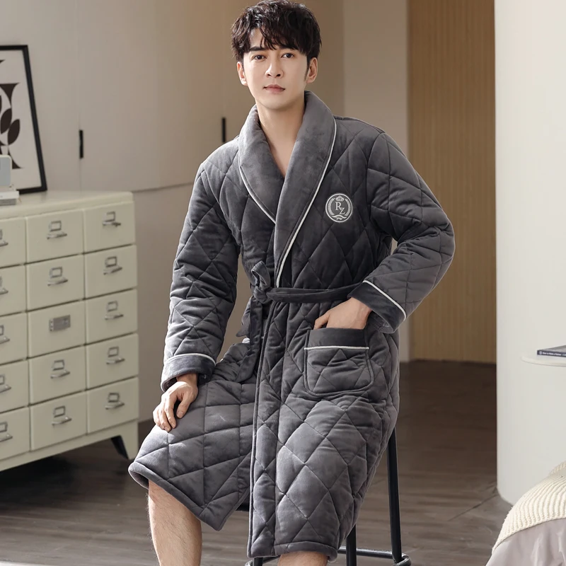 New Men Winter 3 Layers Coral Feece Quilted Robe Solid Long Sleeve Kimono Bathrobe Gown Casual Home Clothes Male Sleep Wear