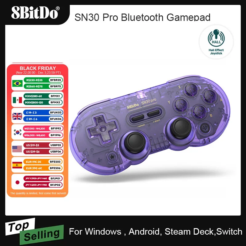 AKNES 8BitDo SN30 프로 게임 컨트롤러, 닌텐도 스위치, 안드로이드, 맥OS, 스팀, 윈도우 PC, 조이스틱, 무선 블루투스 게임 패드