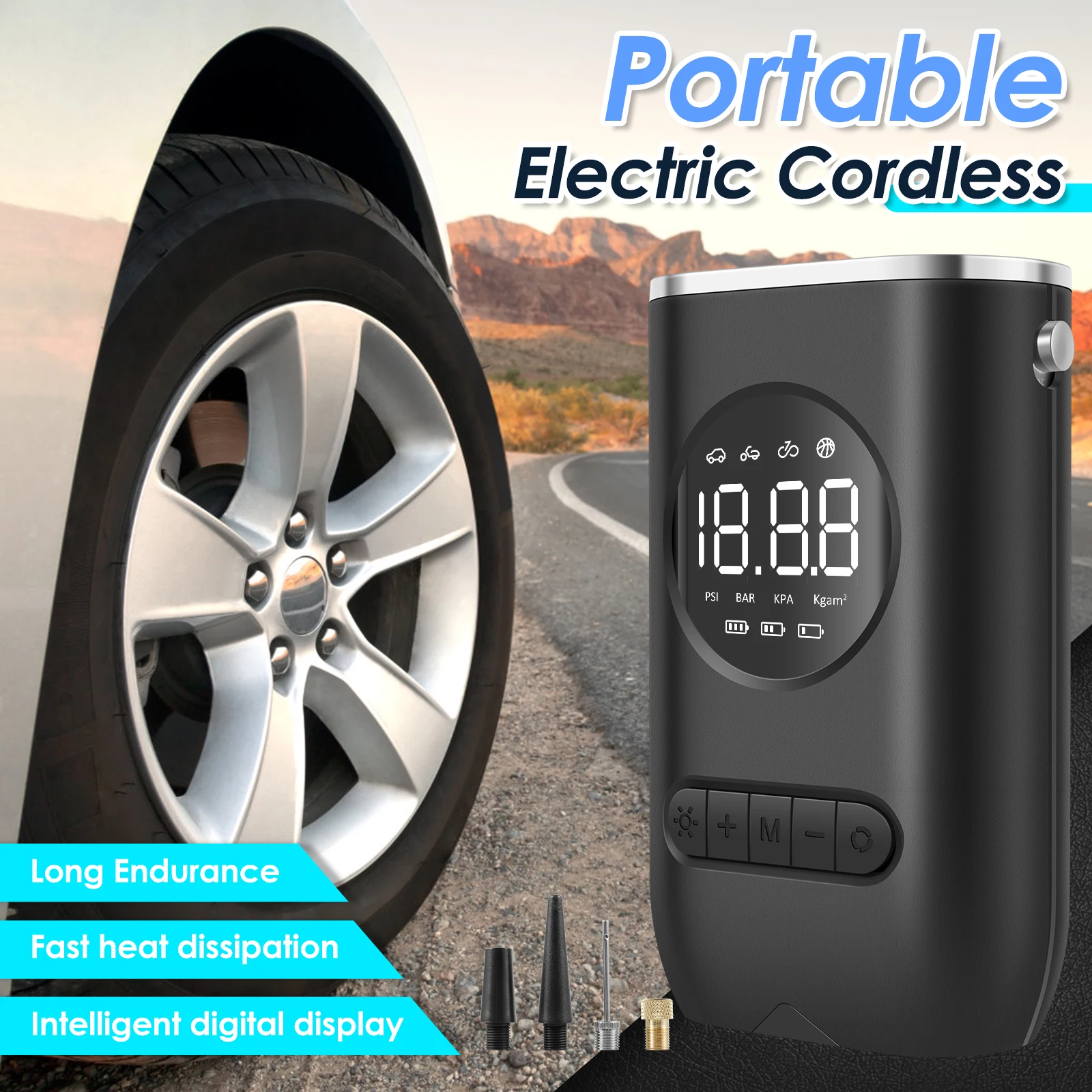 Portable Tire Inflator 150PSI Cordless Air Compressor with LED Light Auto Shut Off Electric Bicycle Tire Pump with Pressure