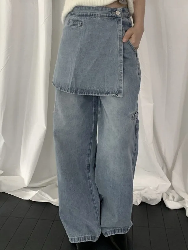 Chic Spring Vintage High Waist Wide Leg Jeans Women's Removable Two-Piece Set Pocket Design Versatile Long Pants Korean Style