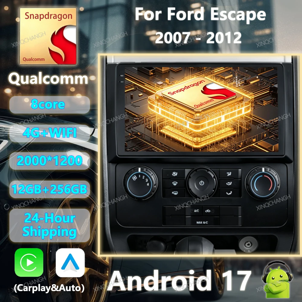 Android 17 Car Radio For Ford Escape 2007 - 2012 Carplay Auto QLED Multimedia Video Player Qualcomm 4G WIFI BT Head Unit 2DIN