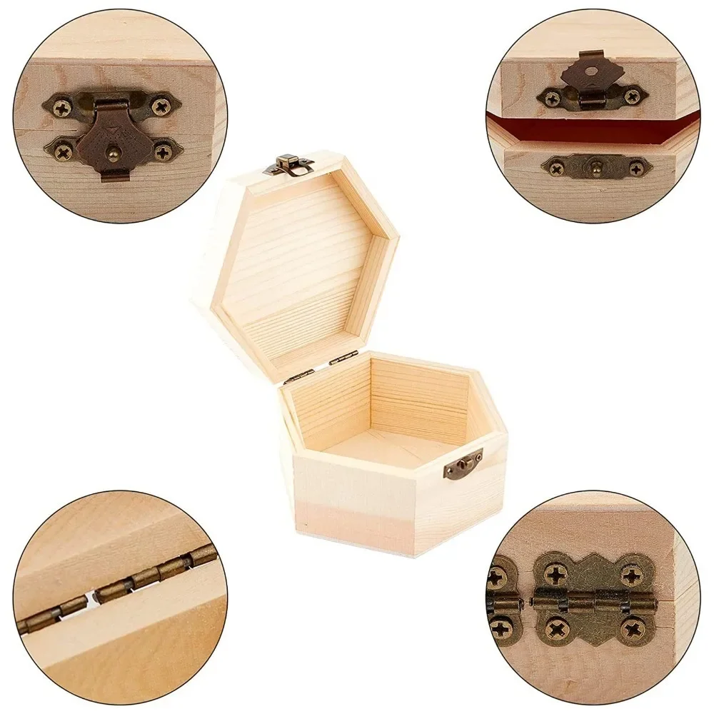 6PCS Plain Unfinished Box Hexagon Unpainted Wooden Jewelry Box with Hinged Lid and Front Clasp DIY Storage Chest Treasure Case